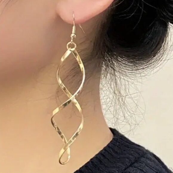 Elegant Long Gold Plated Spiral Dangle Statement Earrings - Picture 3 of 3